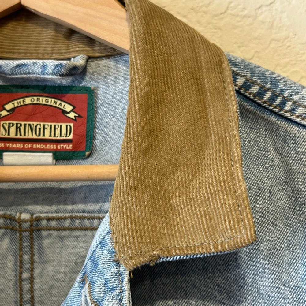 VTG Springfield Denim Jacket S Light Wash Corduroy Collar Patch Trucker Jacket
